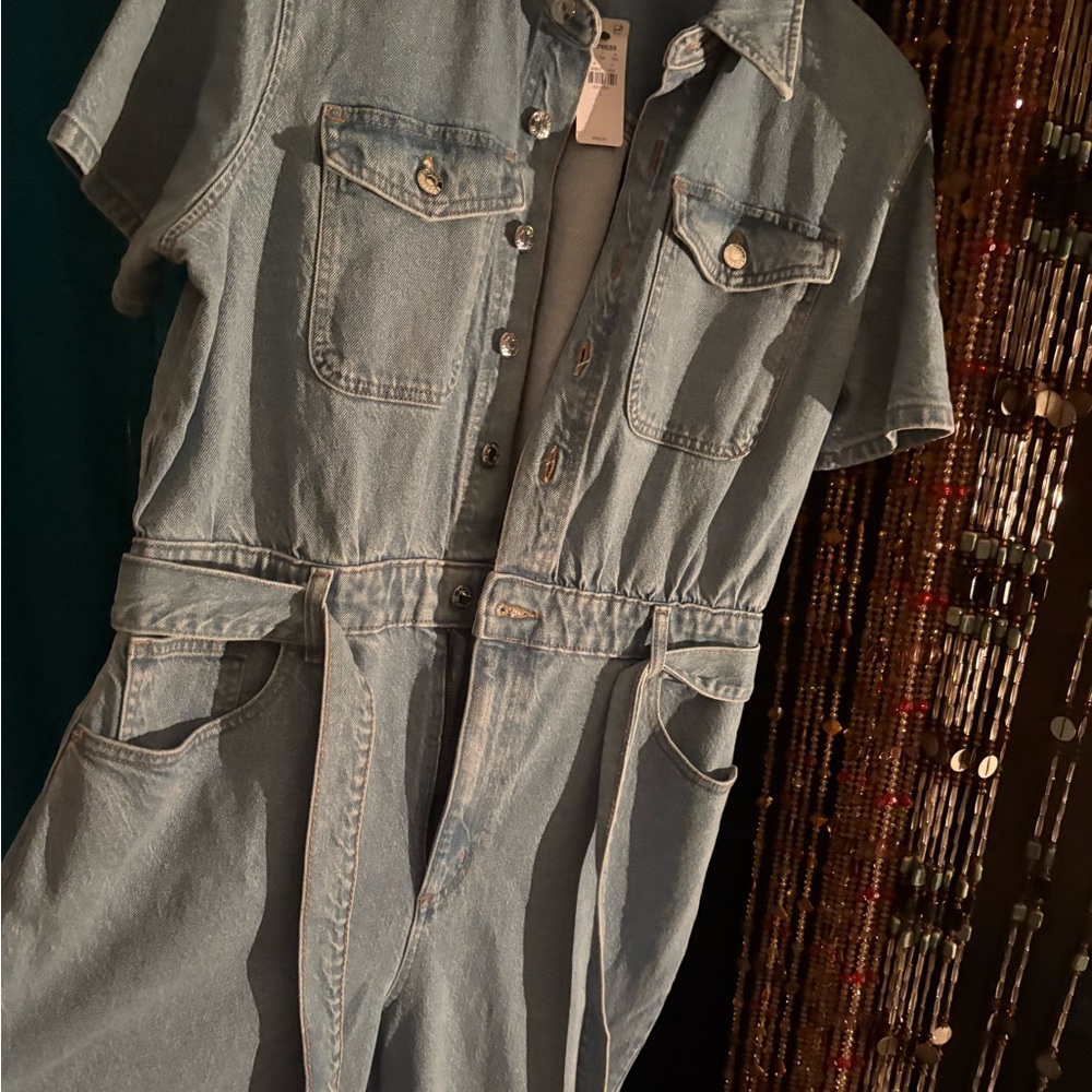 Express Blue Utility Jumpsuit with Fitted Waist